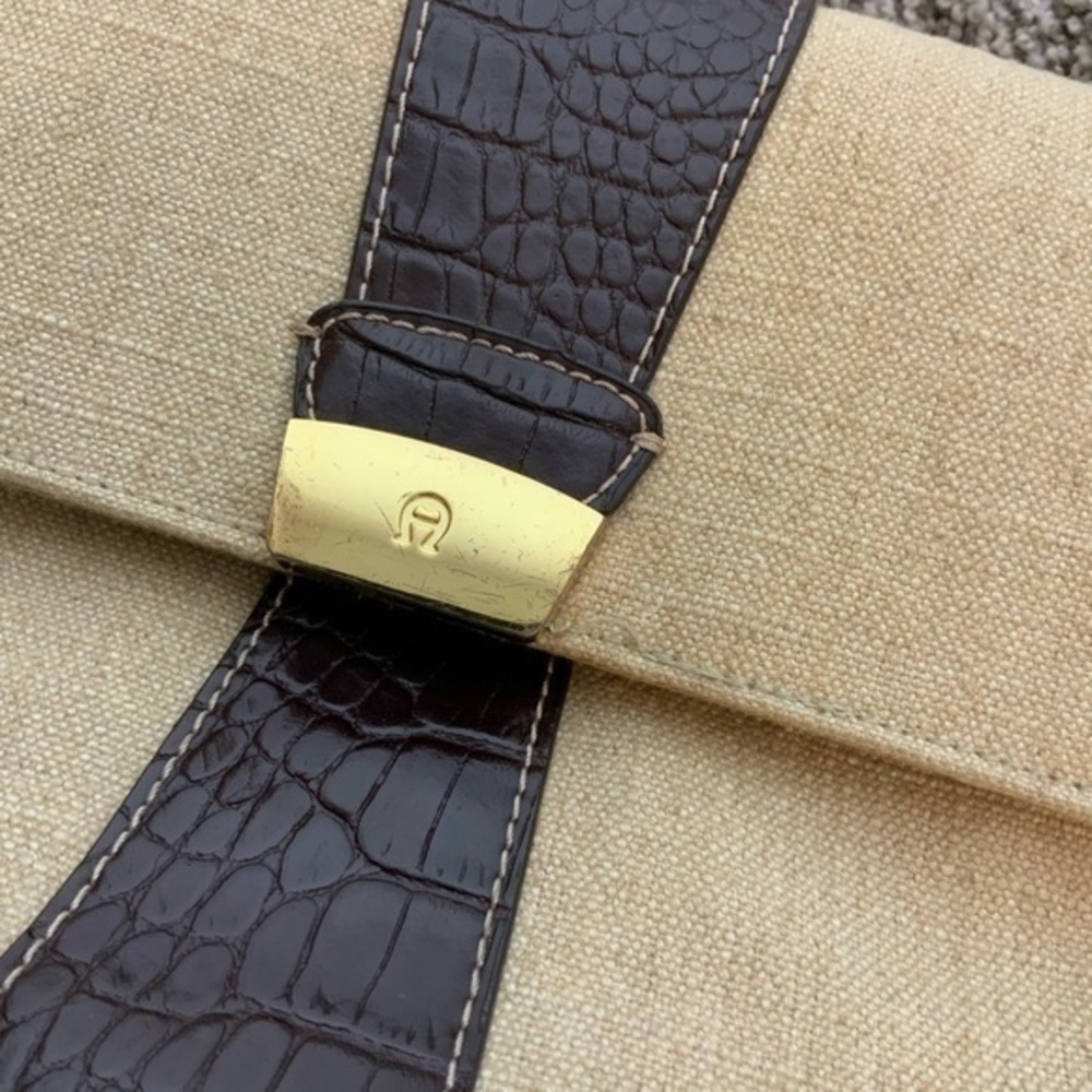 Etienne Aigner Linen and Faux Leather Croc Embossed Shoulder Bag/Purse Tan/brown - Picture 2 of 15